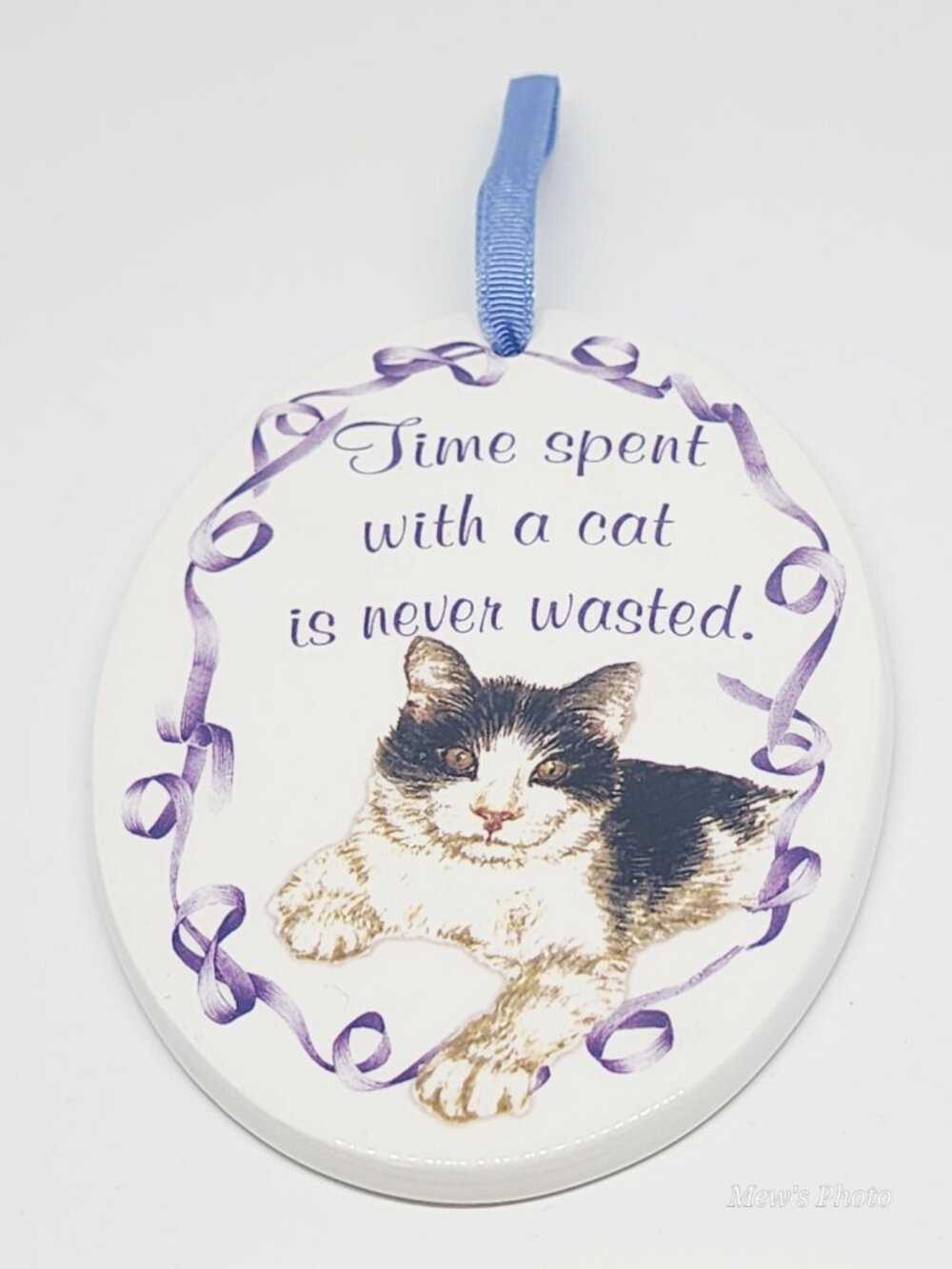Vintage - Amanda Rose Porcelain Cat Ornament features a "Time spent with a cat